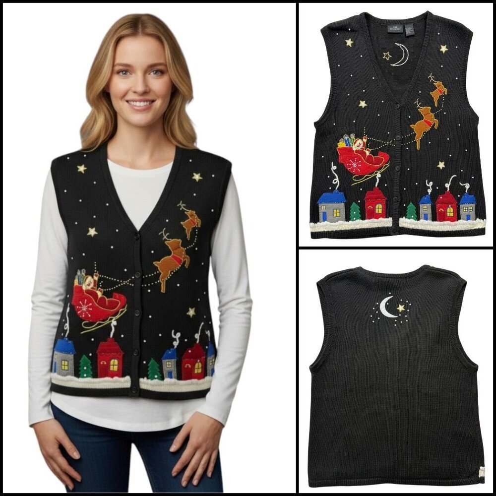 VTG Christmas Flying Santa Reindeer Sky Sweater Vest Black Grandma‎ Teacher Sz L